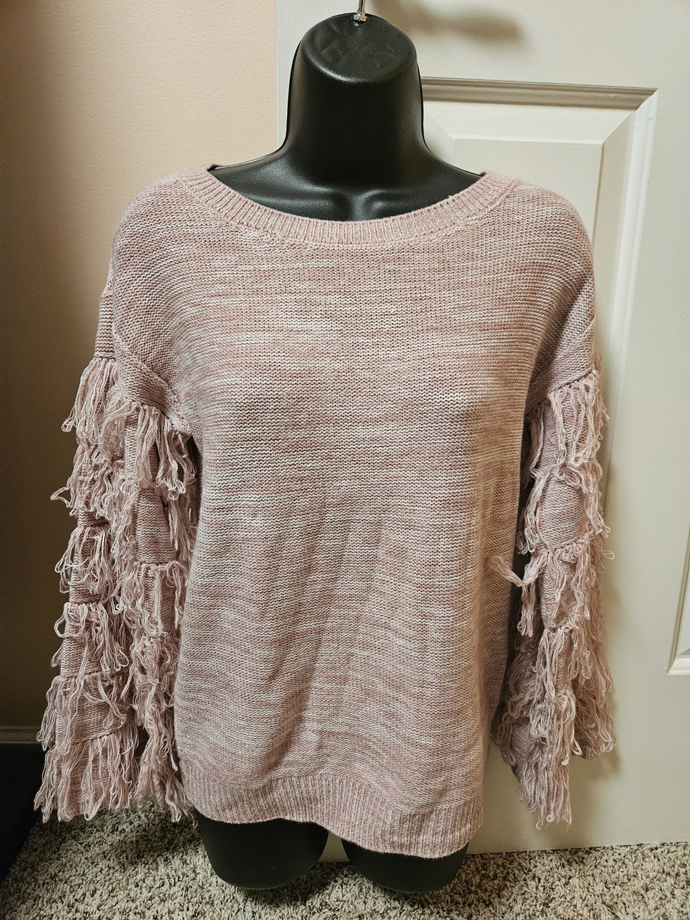 New York & Company Dusty Pink Fringe Sleeve Crewneck Sweater